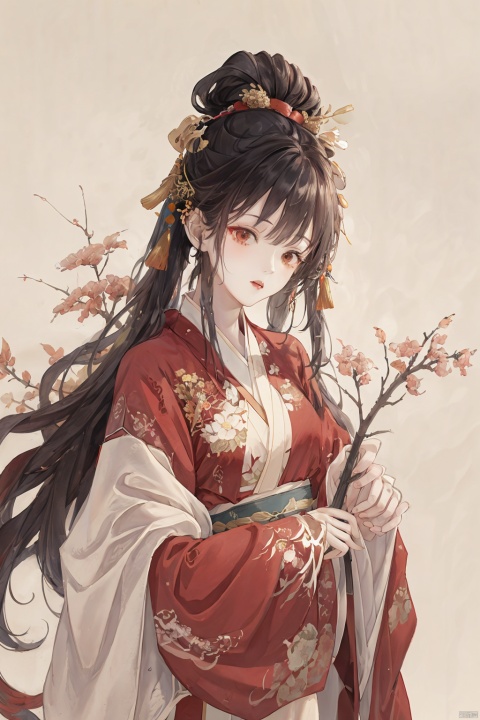 1girl, solo, long hair, brown hair, hair ornament, long sleeves, very long hair, upper body, flower, wide sleeves, chinese clothes, white background, hair stick, hanfu, han style
