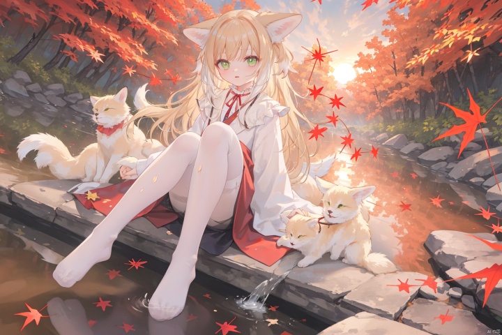 luoxiaohei, is sitting by the river, wearing white knee-high stockings, soaking her ankles in the stream, maple leaves, sunset, a few maple leaves falling, beautiful painting style,bare_foot