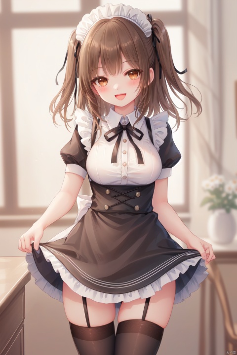 1girl, solo, long hair, breasts, looking at viewer, blush, smile, open mouth, bangs, brown hair, thighhighs, dress, ribbon, brown eyes, standing, hair ribbon, short sleeves, :d, frills, puffy sleeves, black thighhighs, indoors, blurry, apron, black dress, two side up, puffy short sleeves, zettai ryouiki, maid, window, black ribbon, frilled dress, waist apron, white apron, maid apron, frilled apron, frilled thighhighs
