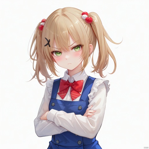 1girl, child, looking at viewer, blush, short hair, , bangs, blonde hair, simple background, shirt, hair ornament, long sleeves, dress, bow, twintails, green eyes, white shirt, upper body, sleeveless, collared shirt, virtual youtuber, bowtie, grey background, red bow, gradient, gradient background, sleeveless dress, blue dress, crossed arms, light brown hair, shaded face, red bowtie, pom pom \(clothes\), pinafore dress, pom pom hair ornament,v-shaped eyebrows,angry,:<
