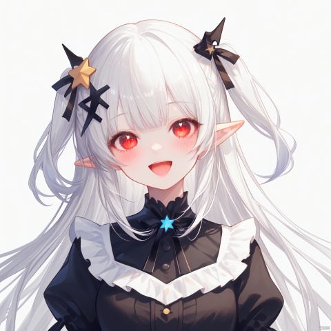 1girl, solo, long hair, looking at viewer, blush, smile, open mouth, bangs, simple background, hair ornament, red eyes, white background, dress, ribbon, hair ribbon, upper body, white hair, :d, frills, pointy ears, virtual youtuber, star \(symbol\), two side up, black ribbon