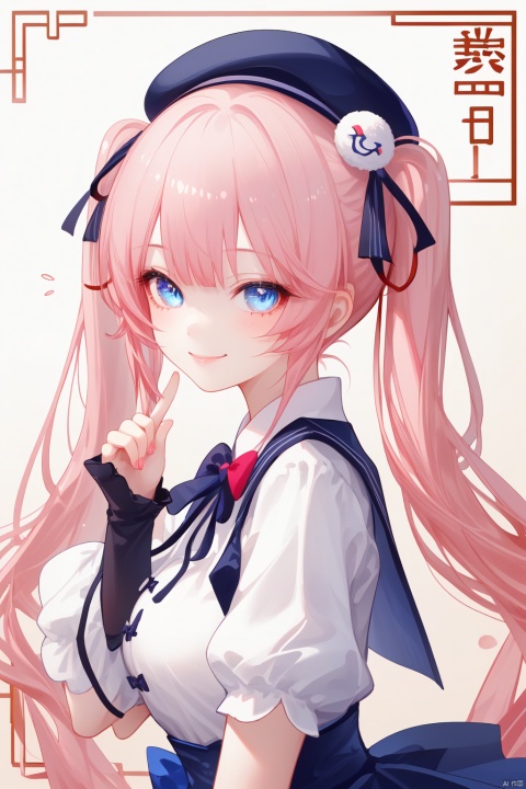 1girl, solo, long hair, looking at viewer, smile, blue eyes, hat, dress, ribbon, twintails, pink hair, virtual youtuber, beret, chinese text