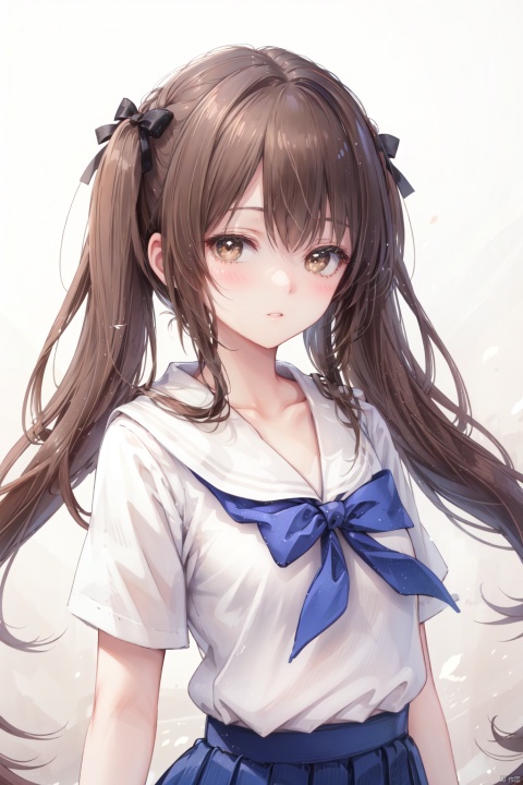 1girl, solo, long hair, looking at viewer, blush, bangs, simple background, brown hair, shirt, bow, twintails, brown eyes, school uniform, upper body, sidelocks, parted lips, serafuku, bowtie, sailor collar, blue bow, white sailor collar,,

