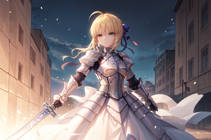 1girl, solo, blonde hair, dress, ribbon, green eyes, hair ribbon, weapon, ahoge, sword, armor, glowing, gauntlets, armored dress, glowing weapon, excalibur \(fate/stay night\), artoria pendragon \(fate\), saber
