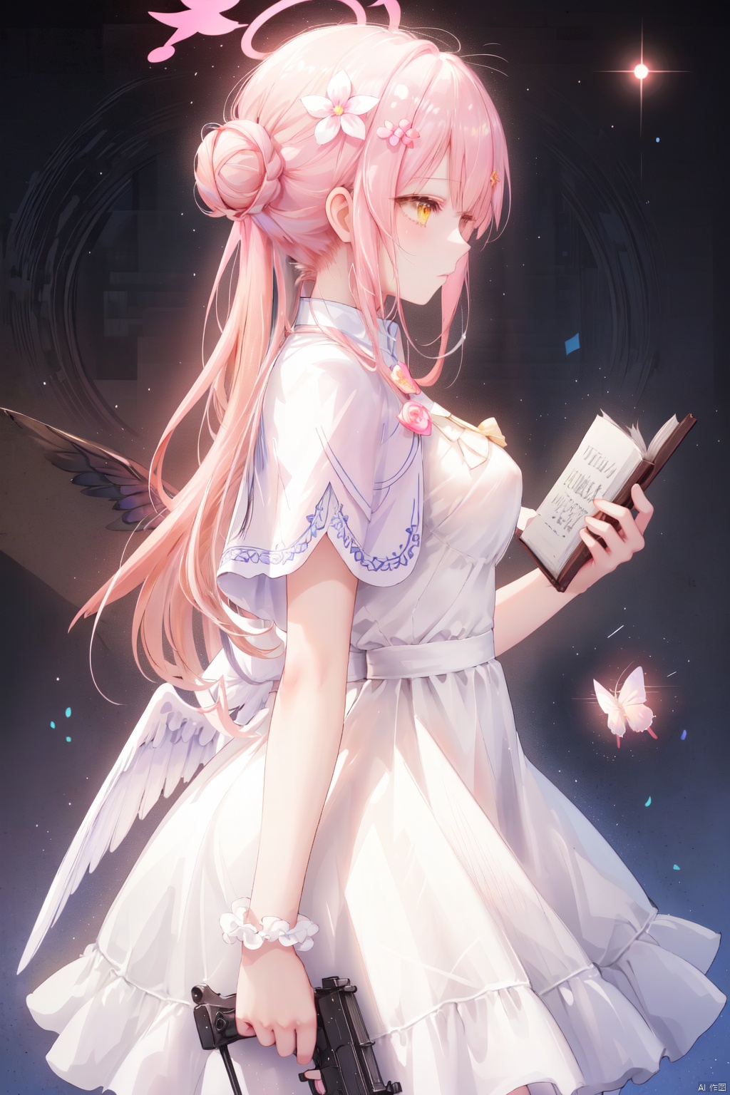 1girl, solo, long hair, breasts, bangs, hair ornament, dress, bow, very long hair, yellow eyes, weapon, pink hair, flower, wings, hair flower, hair bun, white dress, from side, gun, book, profile, capelet, halo, blue bow, scrunchie, bug, butterfly, feathered wings, angel wings, white wings, single side bun, low wings, white capelet, submachine gun, mika \(blue archive\)
