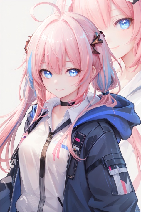 1girl, solo, long hair, looking at viewer, smile, bangs, blue eyes, shirt, white background, twintails, closed mouth, jacket, white shirt, upper body, pink hair, ahoge, choker, collared shirt, hood, low twintails, black choker, blue jacket, hooded jacket, hood up, zoom layer, elite ii \(arknights\), blue poison \(arknights\)