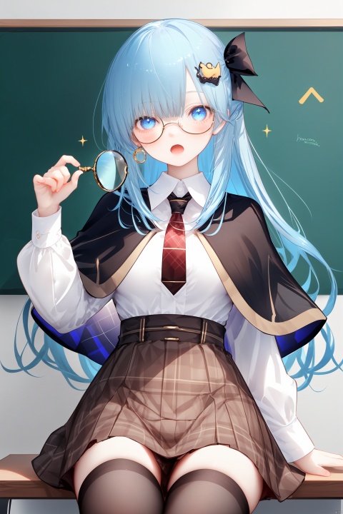 1girl, solo, long hair, looking at viewer, blush, open mouth, bangs, blue eyes, skirt, shirt, hair ornament, thighhighs, long sleeves, ribbon, holding, sitting, very long hair, blue hair, hair ribbon, white shirt, necktie, collared shirt, virtual youtuber, plaid, cosplay, sparkle, capelet, plaid skirt, red necktie, high-waist skirt, brown skirt, shirt tucked in, chalkboard, monocle, short necktie, brown capelet, magnifying glass, detective, watson amelia