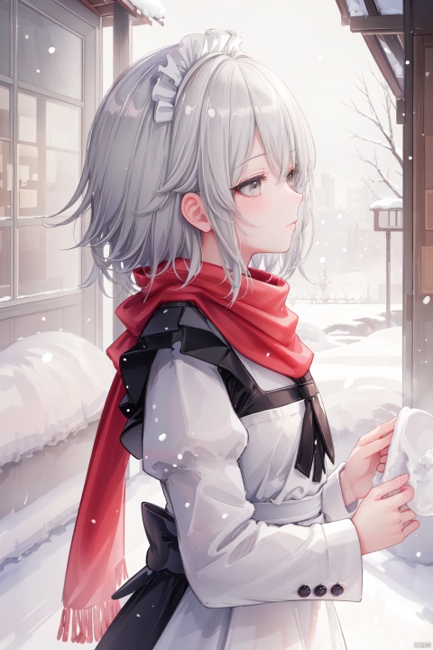 1girl, solo, short hair, upper body, grey hair, scarf, grey eyes, maid, profile, looking up, snow, red scarf, snowing, winter, izayoi sakuya