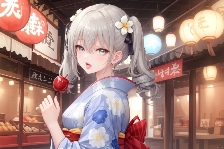 1girl, solo, looking at viewer, open mouth, bangs, hair ornament, ribbon, holding, hair between eyes, twintails, grey  eyes, jewelry, hair ribbon, upper body, flower, earrings, food, japanese clothes, tongue, hair flower, tongue out, kimono, from side, looking to the side, drill hair, floral print, holding food, twin drills, blue kimono, candy apple,grey hair