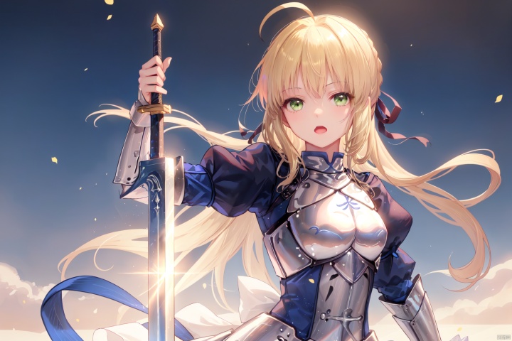 1girl, solo, looking at viewer, open mouth, blonde hair, dress, ribbon, holding, green eyes, hair ribbon, weapon, ahoge, puffy sleeves, sword, holding weapon, armor, blue dress, holding sword, gauntlets, breastplate, armored dress, excalibur \(fate/stay night\), artoria pendragon \(fate\), saber