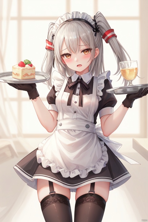  1girl, solo, long hair, looking at viewer, blush, open mouth, thighhighs, gloves, dress, brown eyes, short sleeves, grey hair, heart, cowboy shot, frills, alternate costume, striped, puffy sleeves, white gloves, apron, two side up, zettai ryouiki, maid, maid headdress, garter straps, hair tubes, short dress, covering, striped thighhighs, tray, single glove, enmaided, red thighhighs, amatsukaze \(kancolle\)