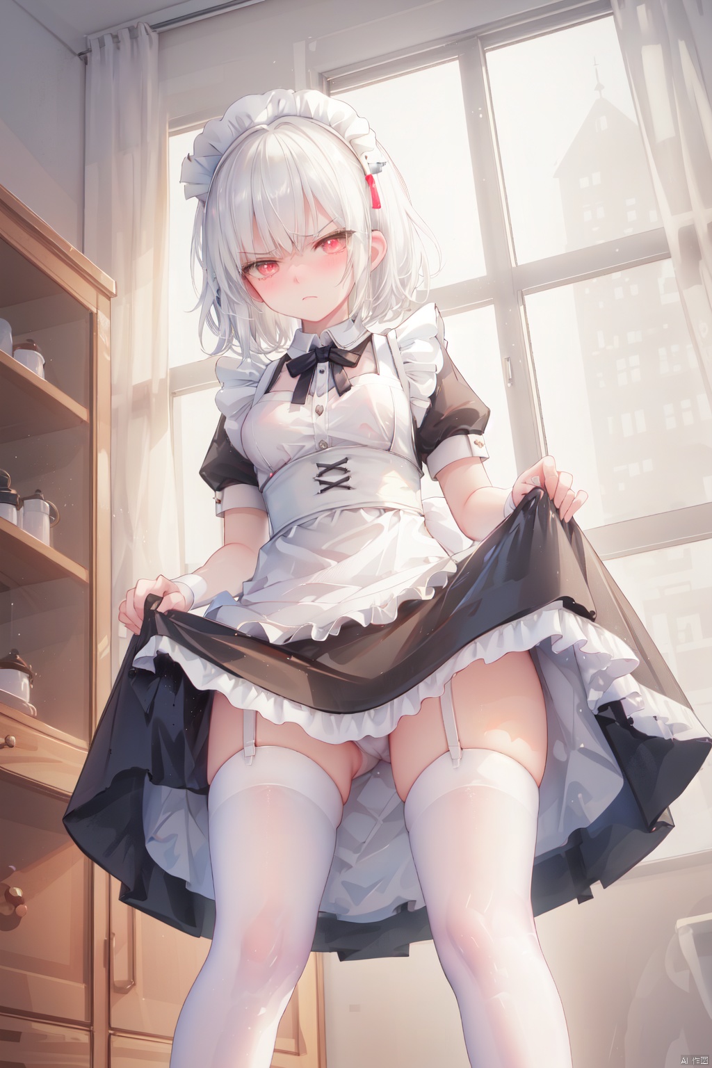  short hair,white hair,maid cafe, maid,angry,blush,lifted by self,window,
,     very long legs   ,thighhighs,from below
