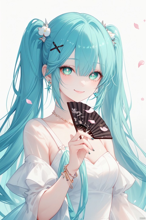 1girl, solo, twintails, hair ornament, long hair, looking at viewer, jewelry, aqua hair, holding, smile, x hair ornament, closed mouth, hand fan, bangs, green eyes, upper body, dress, holding fan, earrings, petals, bracelet, nail polish, black background, white dress, symbol-shaped pupils, hair between eyes, aqua nails, blunt bangs
