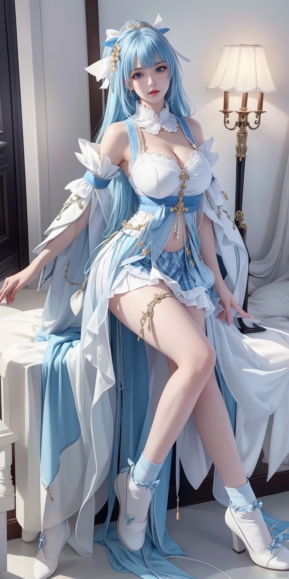  1girl,solo,plaid skirt,(miniskirt:1.1),hair ribbon,(white socks:1.4),ribbon,bangs,looking at viewer,indoors,tress ribbon,ponytail,blunt bangs,breast,medium breasts,naked breast,cleavage cutout ,(light blue hair:1.4),sidelocks,blue eyes,parted lips,long sleeves,bow,hair ornament,,thigh strap,see-through,midriff,navel.
cosplay,long hair,hair bow,detached collar,realistic,white thighhighs,
(white shoes:1.4),(high heels:1.3),pleated skirt ,(raw photo:1.2),((photorealistic:1.4)),best quality,masterpiece,illustration,an extremely delicate and beautiful,extremely detailed,CG,unity,8k wallpaper,Amazing,finely detail,masterpiece,best quality,official art,extremely detailed CG unity 8k wallpaper,absurdres,incredibly absurdres,huge filesize,ultra-detailed,highres,extremely detailed,beautiful detailed girl,cinematic lighting,1girl,pale skin,tall female,(perfect body shape),skinny body,Slender legs, pale skin,tall man,long legs,thin leg,anklet,