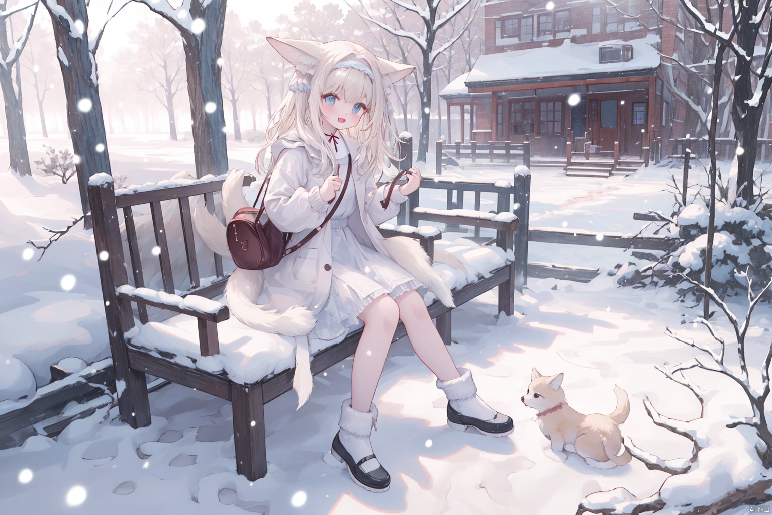 Luoxiaohei, winter, snowing, catching snow with hands, head raised, bare feet in the snow, tail, ray tracing, detail restoration, 1girl