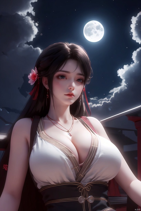1girl, breasts, black hair, necklace, jewelry, dress, moon, solo, sky, black dress, cleavage, long hair, cloud, night, large breasts, upper body, hair ornament, outdoors