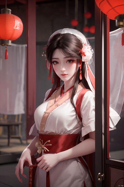 1 girl is wearing a traditional Chinese wedding dress and stands at the door of the antique Chinese courtyard. Red lanterns are hung high, the courtyard is filled with blooming plum blossoms, and the simple wooden doors and carved window lattice add to the sense of history. There was a look of anticipation in her eyes, and the breeze ruffled her veil.