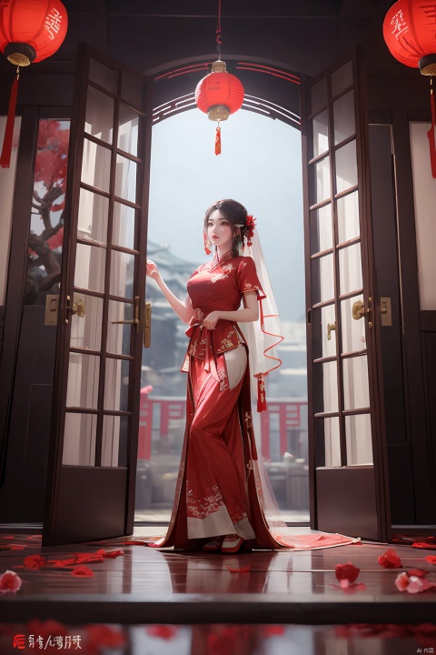 1 Girl, wearing, traditional, Chinese wedding dress, standing, antique, Chinese courtyard, doorway, red, lantern, hanging high, courtyard, blooming, plum blossoms, simple, wooden door, carved window lattice, adding, sense of history, eyes, expectation, breeze, flick, veil