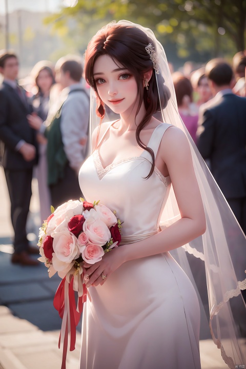1 girl wearing a wedding dress, standing elegantly in natural light, with soft tones, captured with a telephoto lens, background blurred, smiling, happy, rich in details, with a romantic atmosphere.
