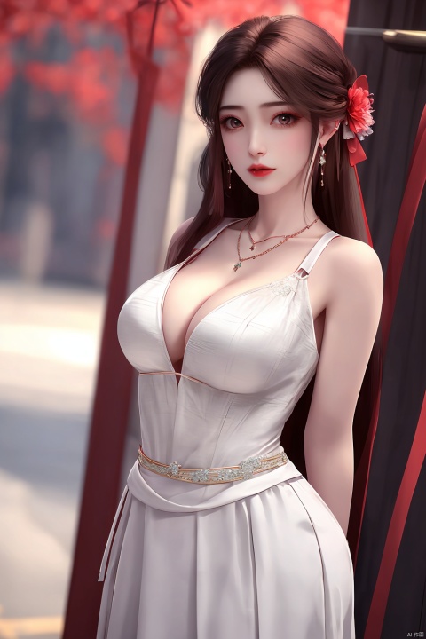 1girl, breasts, jewelry, necklace, earrings, solo, looking at viewer, long hair, arms behind back, day, collarbone, cleavage, lips, skirt,wedding_dress