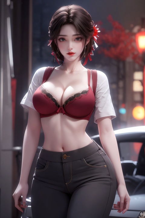 1girl, breasts, solo, black hair, looking at viewer, cleavage, large breasts, bra, hair ornament, underwear, short hair, circlet, shirt, pants, collarbone, day, red lips, mole