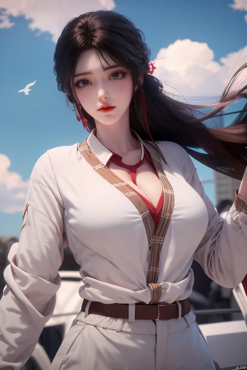 1girl, breasts, solo, sky, long hair, black hair, shirt, large breasts, white shirt, blue sky, cloud, red lips, long sleeves, collared shirt, pants, outdoors, cleavage