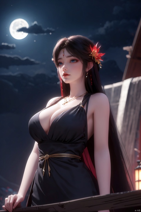 1girl, breasts, black hair, necklace, jewelry, dress, moon, blue eyes, solo, sky, black dress, cleavage, long hair, cloud, night, large breasts, upper body, hair ornament, outdoors