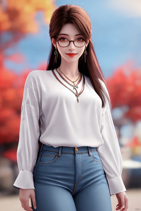 1girl, solo, jewelry, glasses, long hair, shirt, denim, brown hair, looking at viewer, necklace, white shirt, outdoors, earrings, pants, jeans, collared shirt, realistic, parted lips, day, shirt tucked in, round eyewear, lips, smile, brown eyes