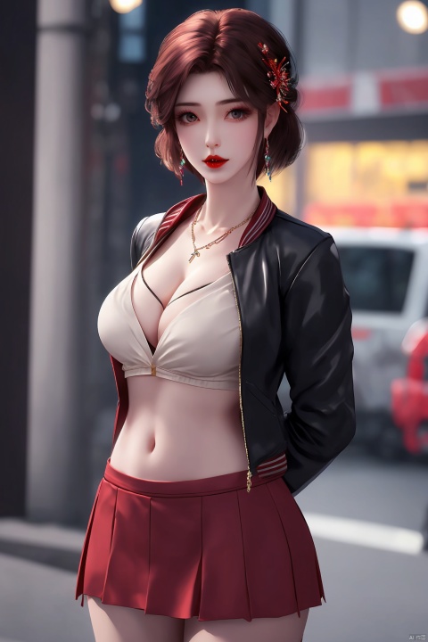 1girl, breasts, jewelry, necklace, earrings, solo, looking at viewer, short hair, large breasts, red lips, open clothes, arms behind back, hair ornament, day, collarbone, cleavage, lips, jacket, skirt