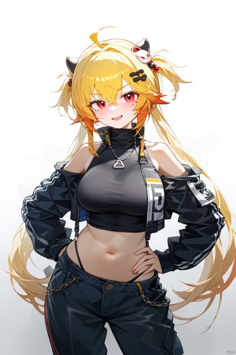 1girl, bangs, bare_shoulders, black_pants, blonde_hair, blush, breasts, cowboy_shot, crop_top, eyebrows_visible_through_hair, gradient, gradient_background, grey_background, hair_between_eyes, hair_bobbles, hair_ornament, hand_on_hip, jacket, large_breasts, leaning_forward, long_hair, looking_at_viewer, midriff, mole, mole_under_eye, mouth_mask, navel, off_shoulder, open_mouth, pants, red_eyes, sidelocks, smile, solo, stomach, turtleneck, twintails, very_long_hair, yellow_jacket