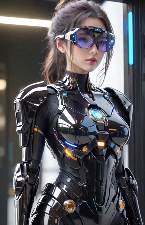  Vision Next, medium shot front view of a woman wearing black transparent futuristic glasses with glowing HUD display on the glasses, Holding a Japanese samurai sword in hand,black military bodysuit, holding a gun, white background, highly detailed, ultra-high resolutions, 32K UHD, best quality, masterpiece, ((poakl)), science fiction