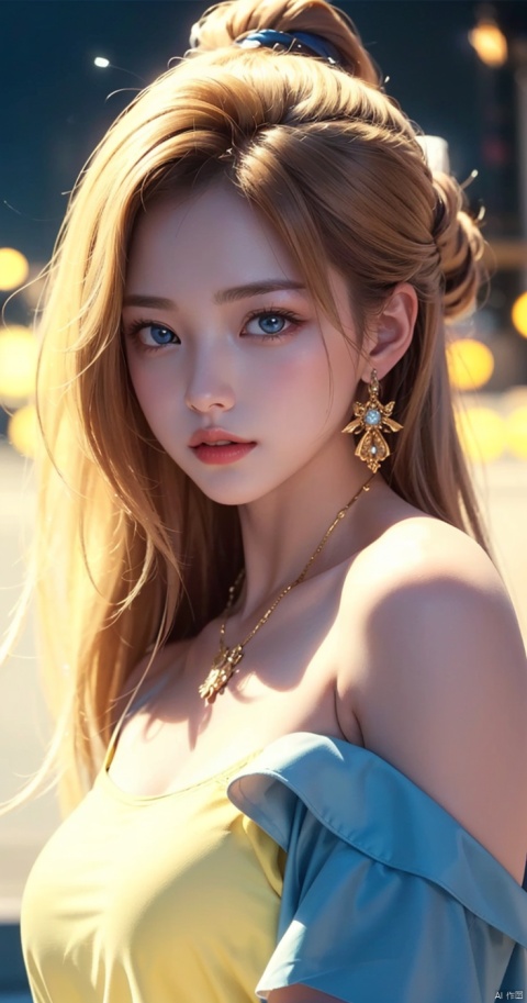  1girl,Bangs, off shoulder, ,golden dress, yellow eyes, chest, necklace, dress, earrings, floating hair, jewelry, sleeveless, very long hair,Looking at the observer, parted lips, blue eyes,pierced,energy,electricity,magic,tifa,sssr,blonde hair,jujingyi, wangyushan, dofas, 1 girl
8k,RAW photo, film