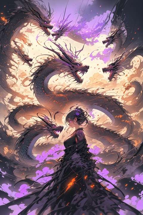  mastepiece, best quality, ethereal dragon, fantasy art, backlighting, ethereal glow, purple theme, best quality, Chinese dragons_ink and wash styles_misty clouds_ancient paintings_flames