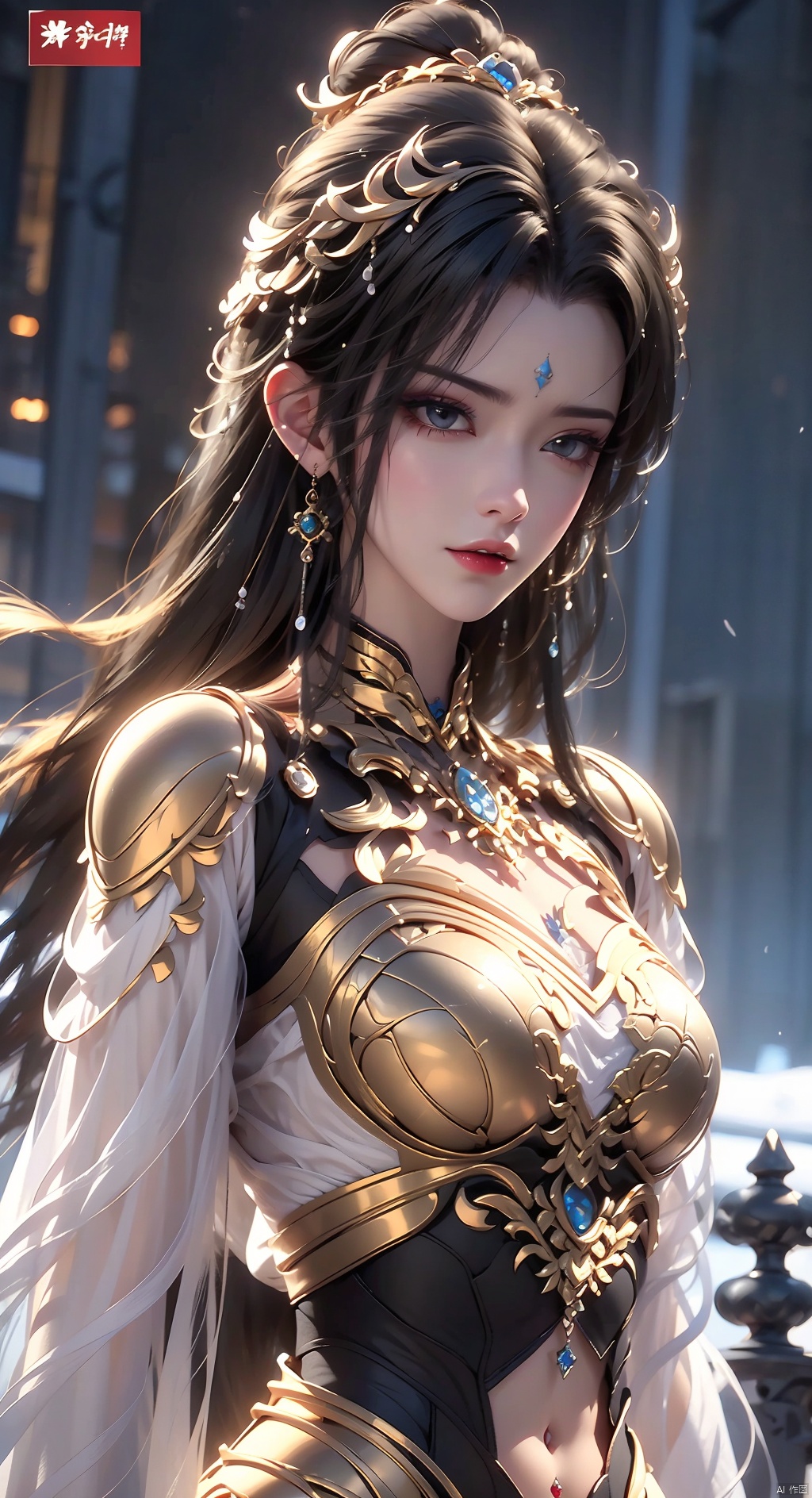  magazine, (cover-style:1.1), fashionable, 1girl,Black armor,Visual impact,A shot with tension,cold attitude, Ear stud,tattoo,
, xiaowu, gold armor