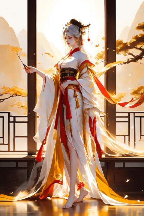  A girl, full-body, indoor, Hanfu, long hair fluttering, classical beauty, Chinese style.,Long legs,Show long legs,Golden Hanfu, bright and shining,((white hair)),((Bare legs)),((barefoot)),((Solid color background)),Xiangyun, China Cloud, Ink scattering_Chinese style, Dragon and girl, dan ding he, Add details