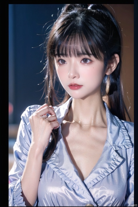  girl, sunshine, aesthetic,bright light,night, 2k, aomei, luolitou, 1girl,bust, Add details, shine eyes01,ponytail,color contact lenses,blouse under coat, Aristocrat, eldest lady, (iPhone15 in hand:1.2), solo, looking_at_viewer,thin, Reasonable grip posture