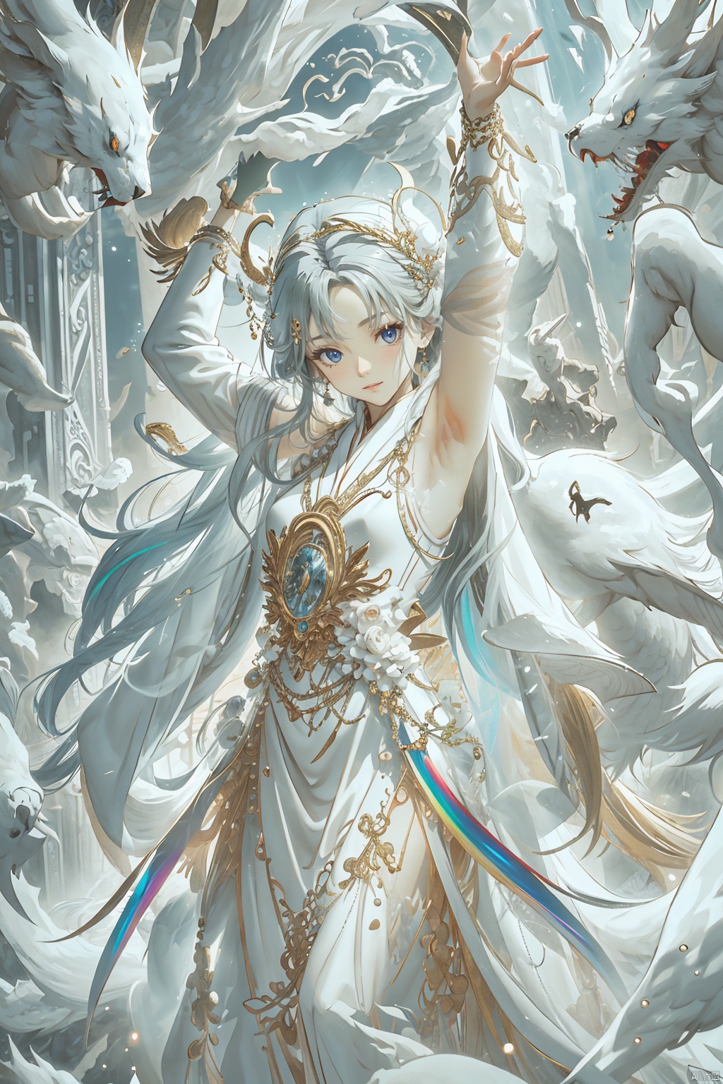  super fine, Pixiv illustration, thick acrylics, extreme rainbow reflections, overexposure, high luminosity, shimmering pearlescent colors, gold, white, and silver, tulle emulsions, stretching action, divine cinematic rim lighting, money-based theme --niji 6 --ar 3:4