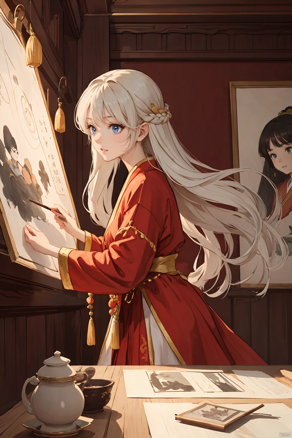 a girl with long hair and a red dress, in the style of shilin huang, traditional animation, dark white and light gold, fairycore, distinctive noses, precision painting, 8k