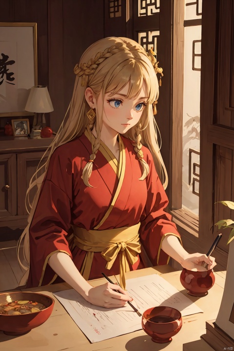 a girl with long hair and a red dress, in the style of shilin huang, traditional animation, dark white and light gold, fairycore, distinctive noses, precision painting, 8k