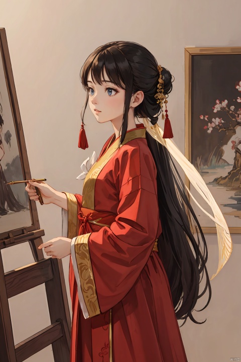 a girl with long hair and a red dress, in the style of shilin huang, traditional animation, dark white and light gold, fairycore, distinctive noses, precision painting, 8k