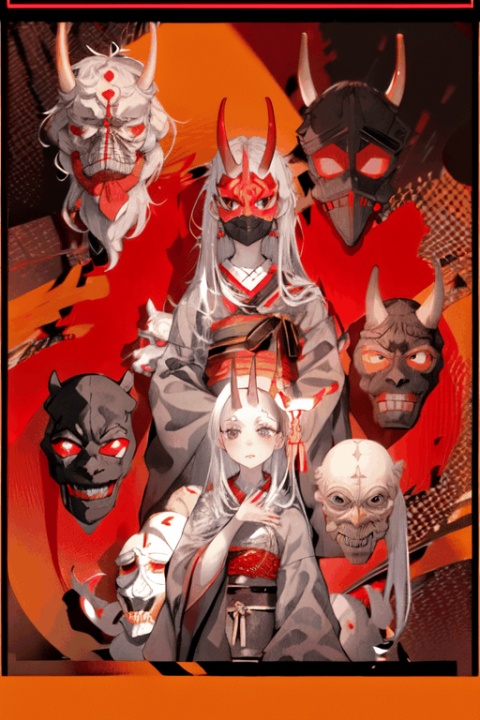  -ghost nocturnal, 1girl, long hair, oni mask, mask, solo, japanese clothes, kimono, red eyes, sash, holding mask, looking at viewer, holding, letterboxed, wide sleeves, long sleeves, very long hair, obi, oni, red background, oni horns, horns, standing, grey hair, noh mask, ghost nocturnal Upper body Ghost Masks