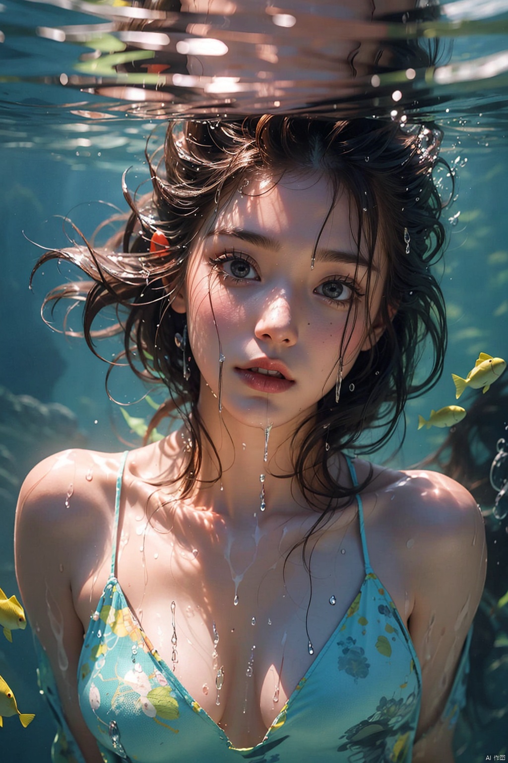  1girl, handsome, small chest, short brown hair, hair bow, green eyes, hand on chest , Chinese style, (wet body:1.4), under water,shuixia