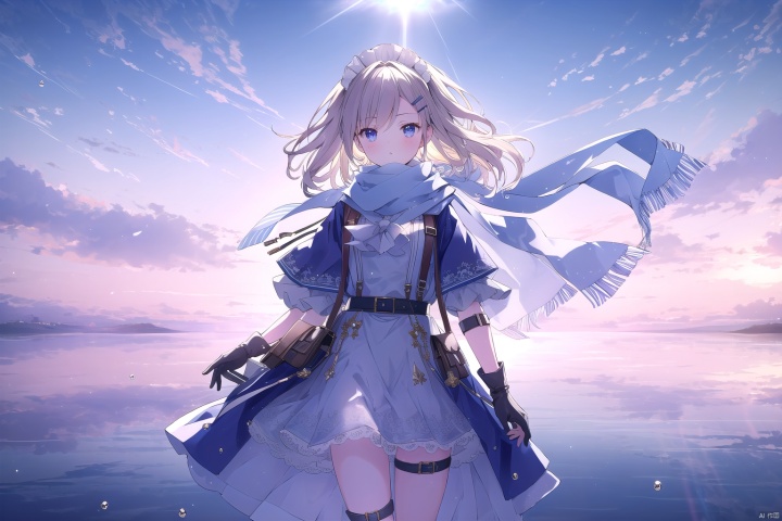 pout,beautiful_face,beautiful detailed eyes,one eye closedwhite ,headphone,beautiful detailed sky,reflection light,ray tracing,sunlight,(Maid dress),sailor dress,sleeves,beautiful detailed water,beautiful detailed sky,god rays,depthoffield,extremely detailed 8K wallpaper,  {an extremely delicate and beautiful},,ray ,{best quality}, {{masterpiece}}, {highres}, original, extremely detailed 8K wallpaper, {an extremely delicate and beautiful},,incredibly_absurdres,colorful,intricate detail,artbook,,overall view,,depth of field,snowfield,leg ring,Clear picture,suspenders,((wind coat,skirt,scarf, gloves, leg belt, arm strap, hairclip, )),