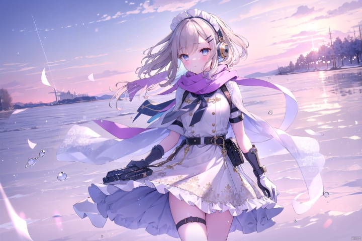 pout,beautiful_face,beautiful detailed eyes,one eye closedwhite ,headphone,beautiful detailed sky,reflection light,ray tracing,sunlight,(Maid dress),sailor dress,sleeves,beautiful detailed water,beautiful detailed sky,god rays,depthoffield,extremely detailed 8K wallpaper,  {an extremely delicate and beautiful},,ray ,{best quality}, {{masterpiece}}, {highres}, original, extremely detailed 8K wallpaper, {an extremely delicate and beautiful},,incredibly_absurdres,colorful,intricate detail,artbook,,overall view,,depth of field,snowfield,leg ring,Clear picture,suspenders,((wind coat,skirt,scarf, gloves, leg belt, arm strap, hairclip, )),