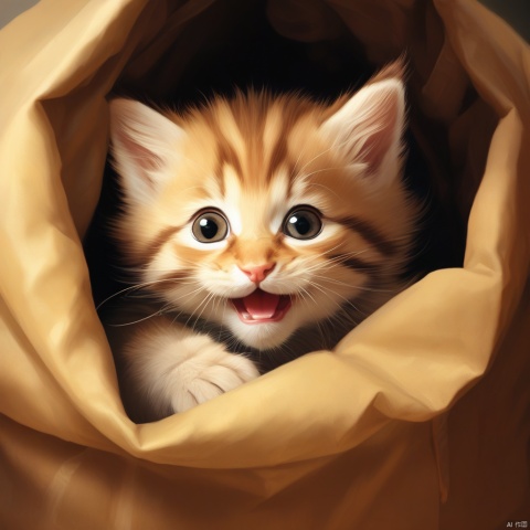 一只躲在袋子里的小猫, 歪着头偷偷看着袋子外面, 写实风格,