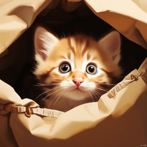 一只躲在袋子里的小猫, 抬起头好奇迪看着袋子外面, 写实风格