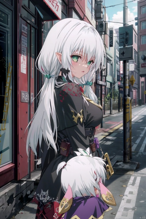  cropped background, (outside border), cropped torso,
1girl, solo, elf,
green eyes, (white hair), green gradient hair, (long hair), floating hair,
frilled shirt, capelet, long sleeves, pouch, belt, brooch,
chibi, upper body, walking, looking back, 
gothic architecture, street, pavement,
(depth of field), jiqing, (\shen ming shao nv\)