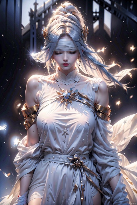  duotone white and blue,1girl,gold_hair, ponytail, pink nipple,(blindfold),The wind blows, close-up,Off Shoulder, (((Binding))),[Armor_dress],depth of field,[ice crystal], (snowflake),nsfw:1.4
