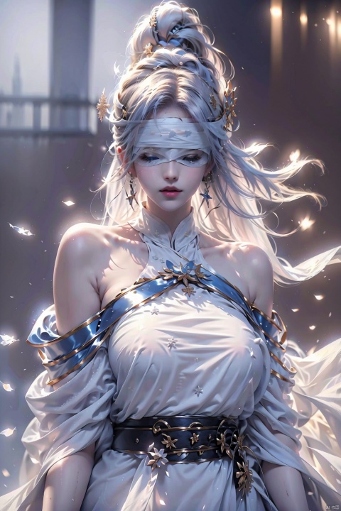  duotone white and blue,1girl,gold_hair, ponytail, Pink Nipple,(blindfold),The wind blows, close-up,Off Shoulder, (((Binding))),[Armor_dress],depth of field,[ice crystal], (snowflake),
