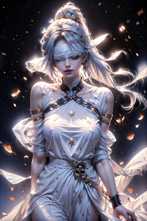  duotone white and blue,1girl,gold_hair, ponytail, visible breast s,pink nipple,(blindfold),The wind blows, close-up,Off Shoulder, (((Binding))),[Armor_dress],depth of field,[ice crystal], (snowflake),nsfw:1.4
